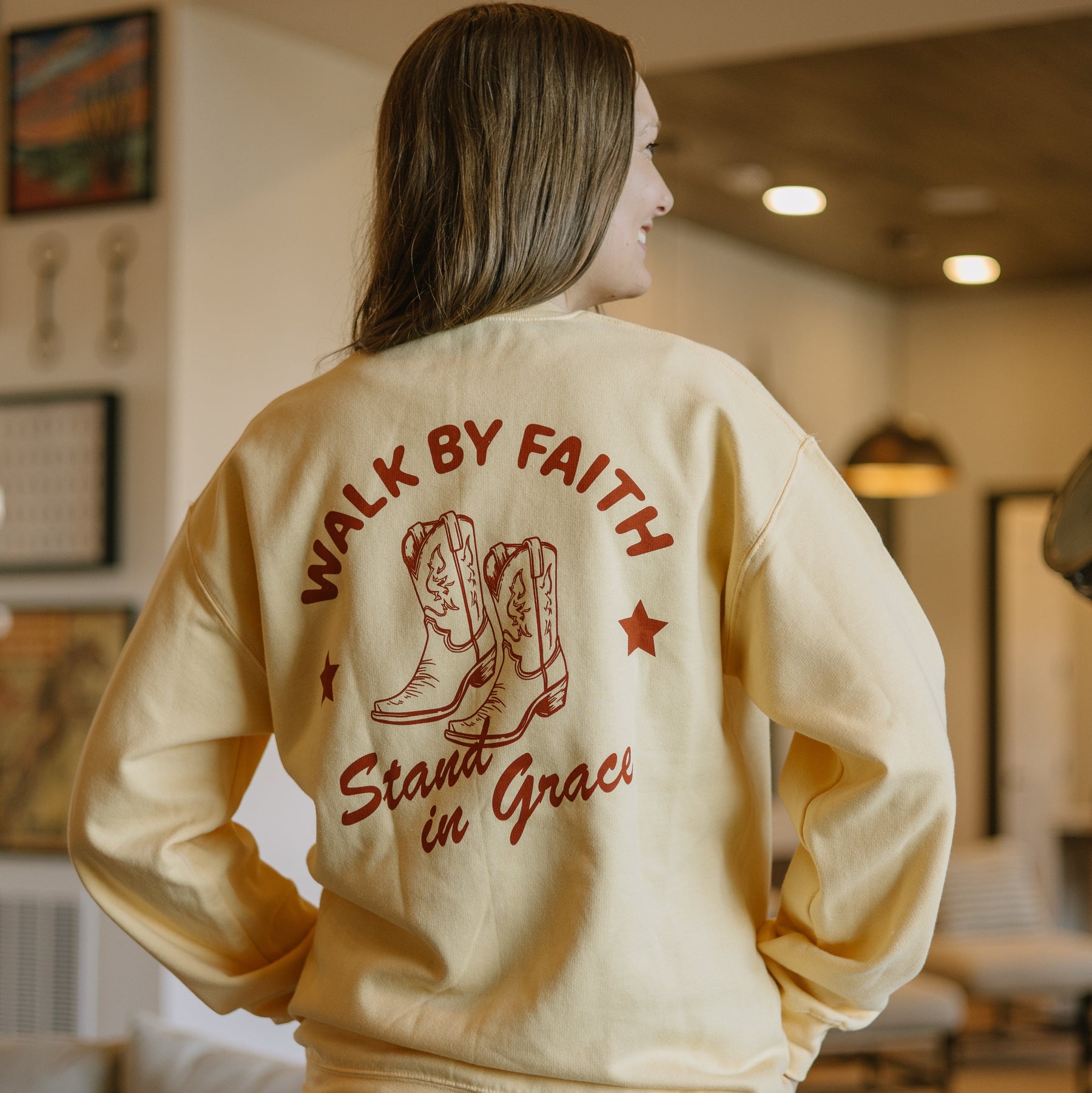 Walk by Faith, Stand in Grace Christian crewneck sweatshirt in butter yellow or terracotta