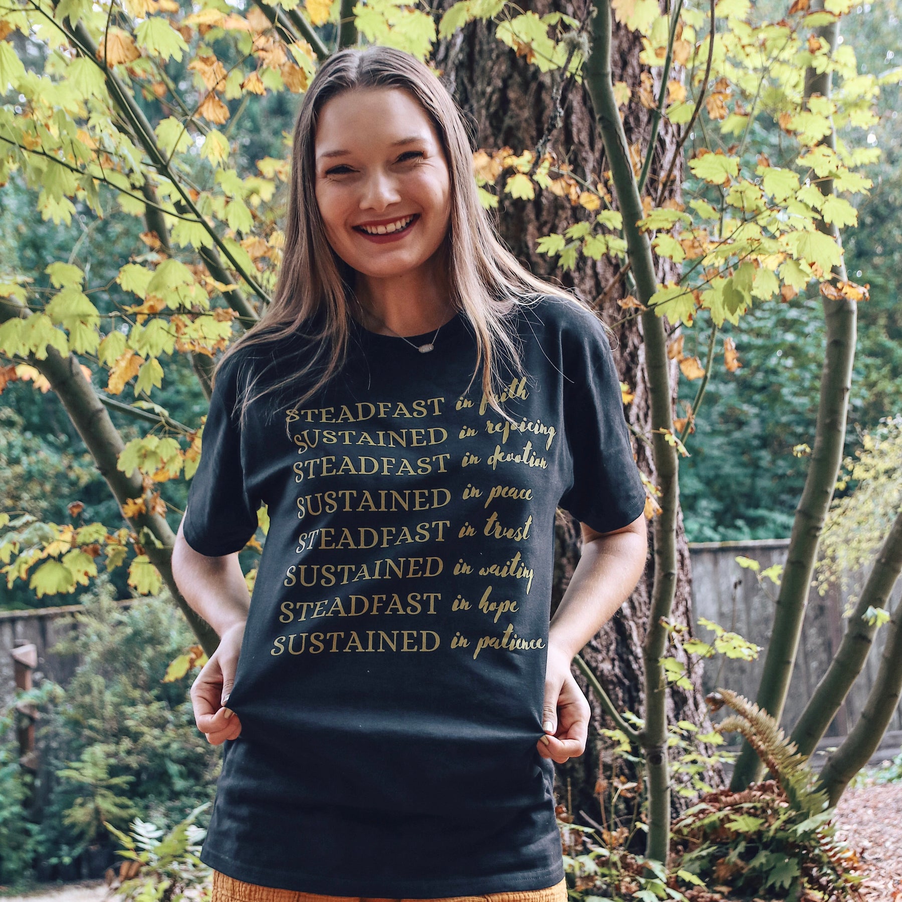 Steadfast Tee worn as casual Christian apparel
