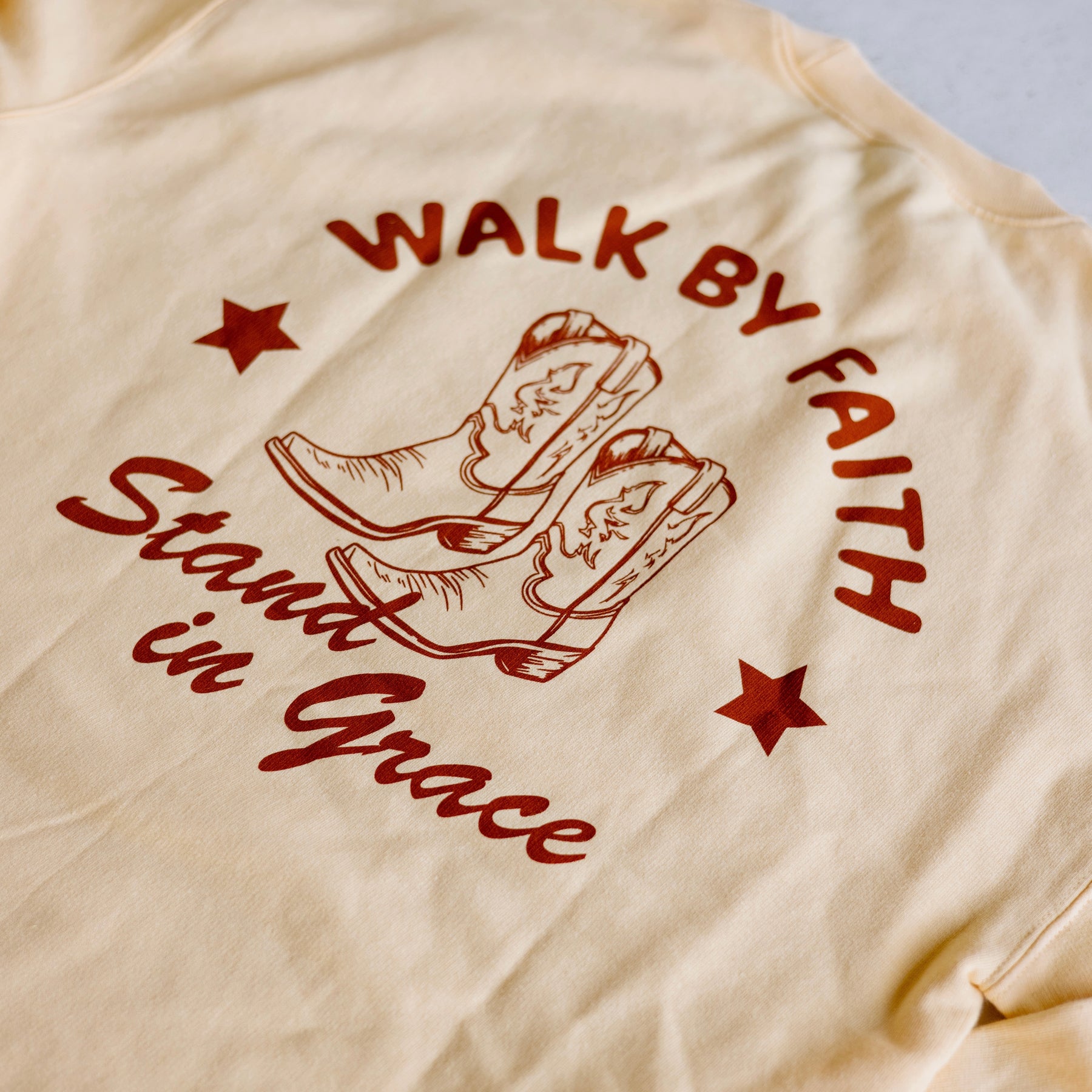 Walk by Faith Western Crewneck | Christian Sweatshirt in Butter Yellow or Terracotta Orange