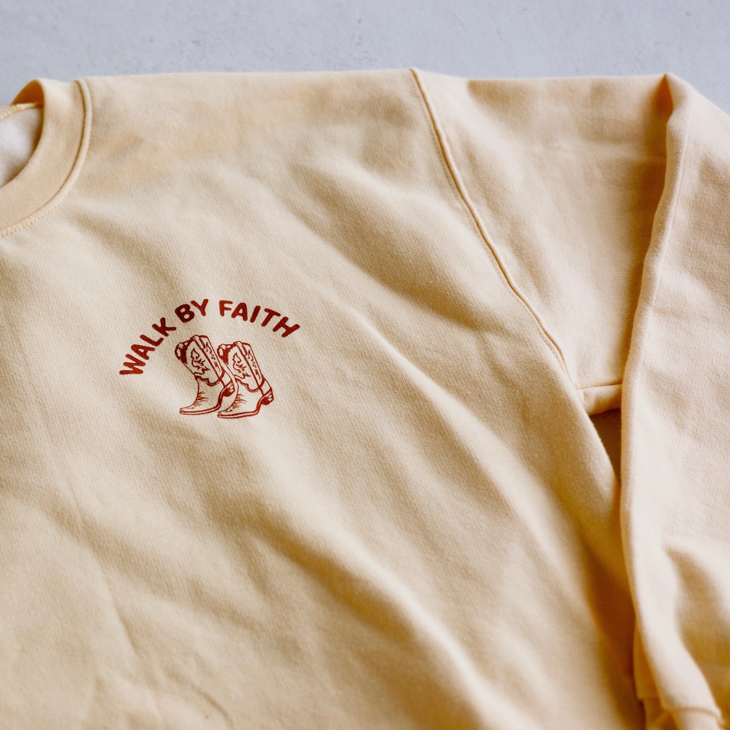 Walk by Faith Western Crewneck | Christian Sweatshirt in Butter Yellow or Terracotta Orange
