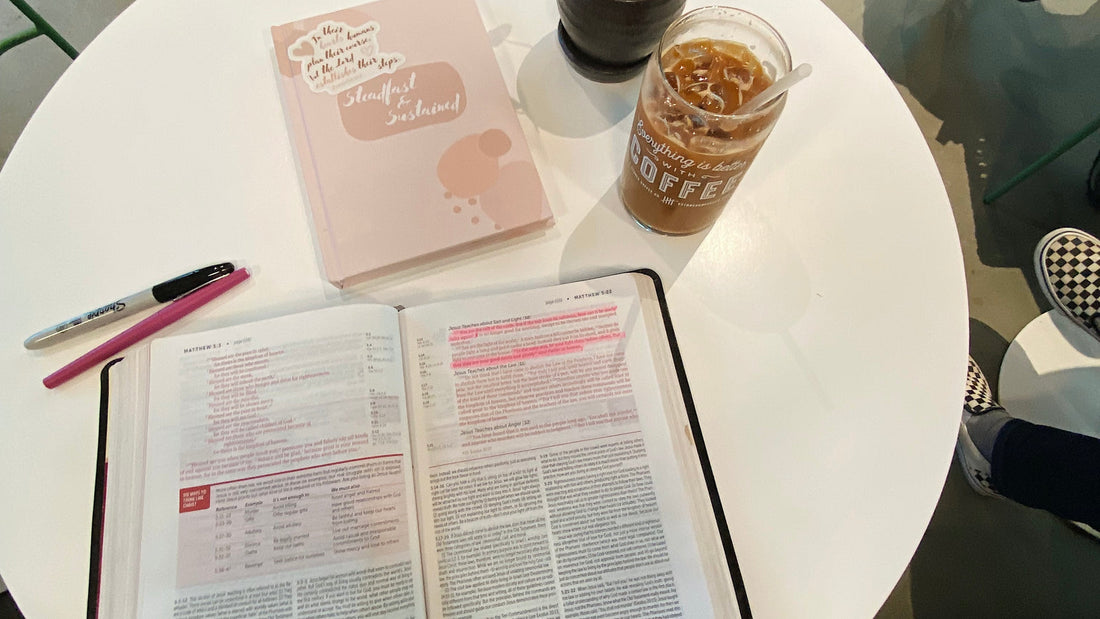 Open Bible, Steadfast and Sustained journal and iced coffee for a morning quiet time
