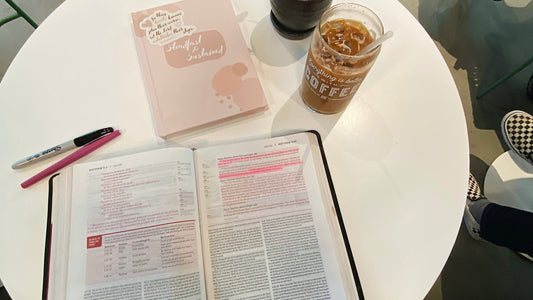 Open Bible, Steadfast and Sustained journal and iced coffee for a morning quiet time