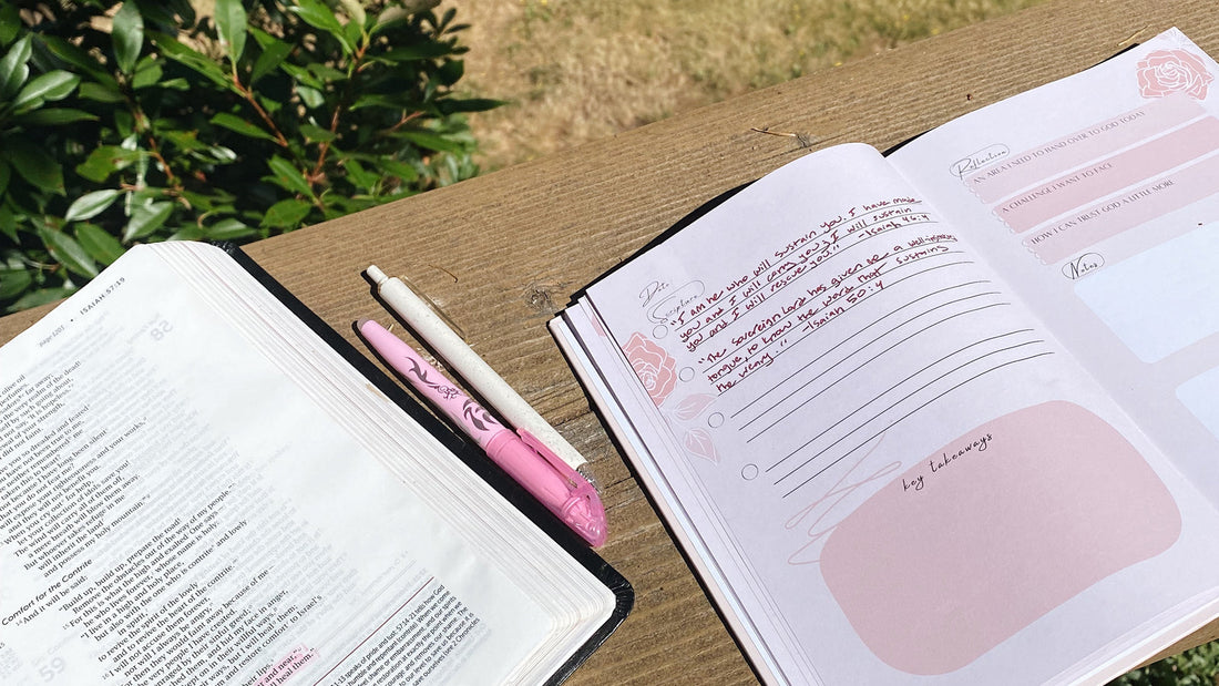 Outdoor Bible study with a Steadfast and Sustained guided journal