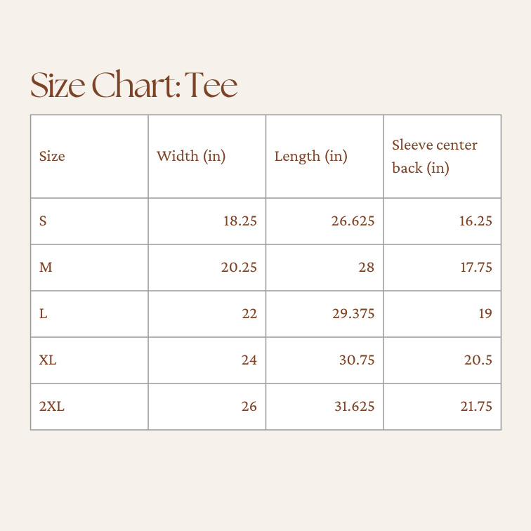 Size chart for Steadfast & Sustained t-shirts with measurements in inches