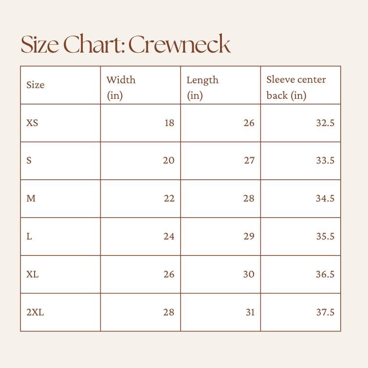 Size chart for crewneck shirts with dimensions in inches.