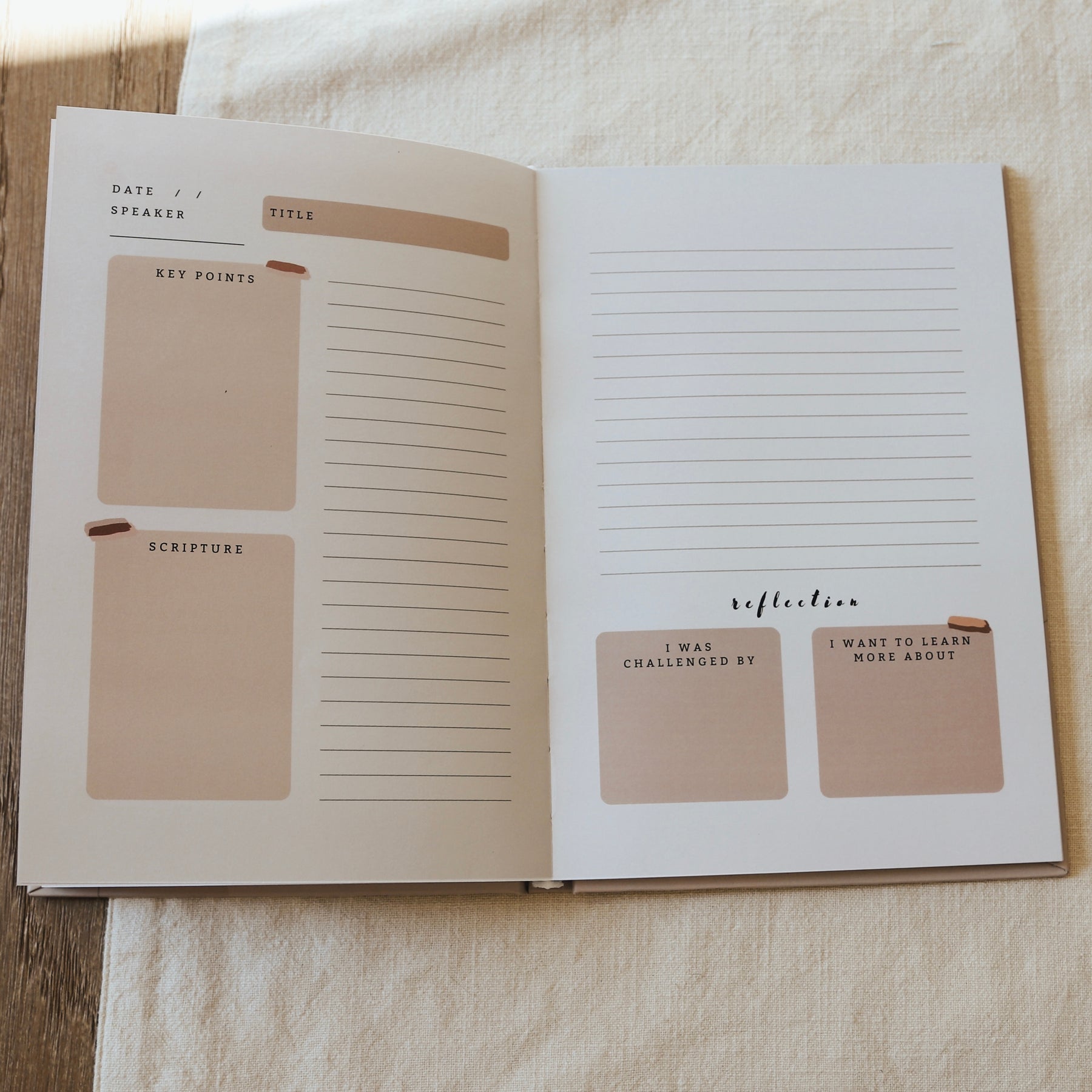 Faith journal with guided prompts for sermon notes and reflection