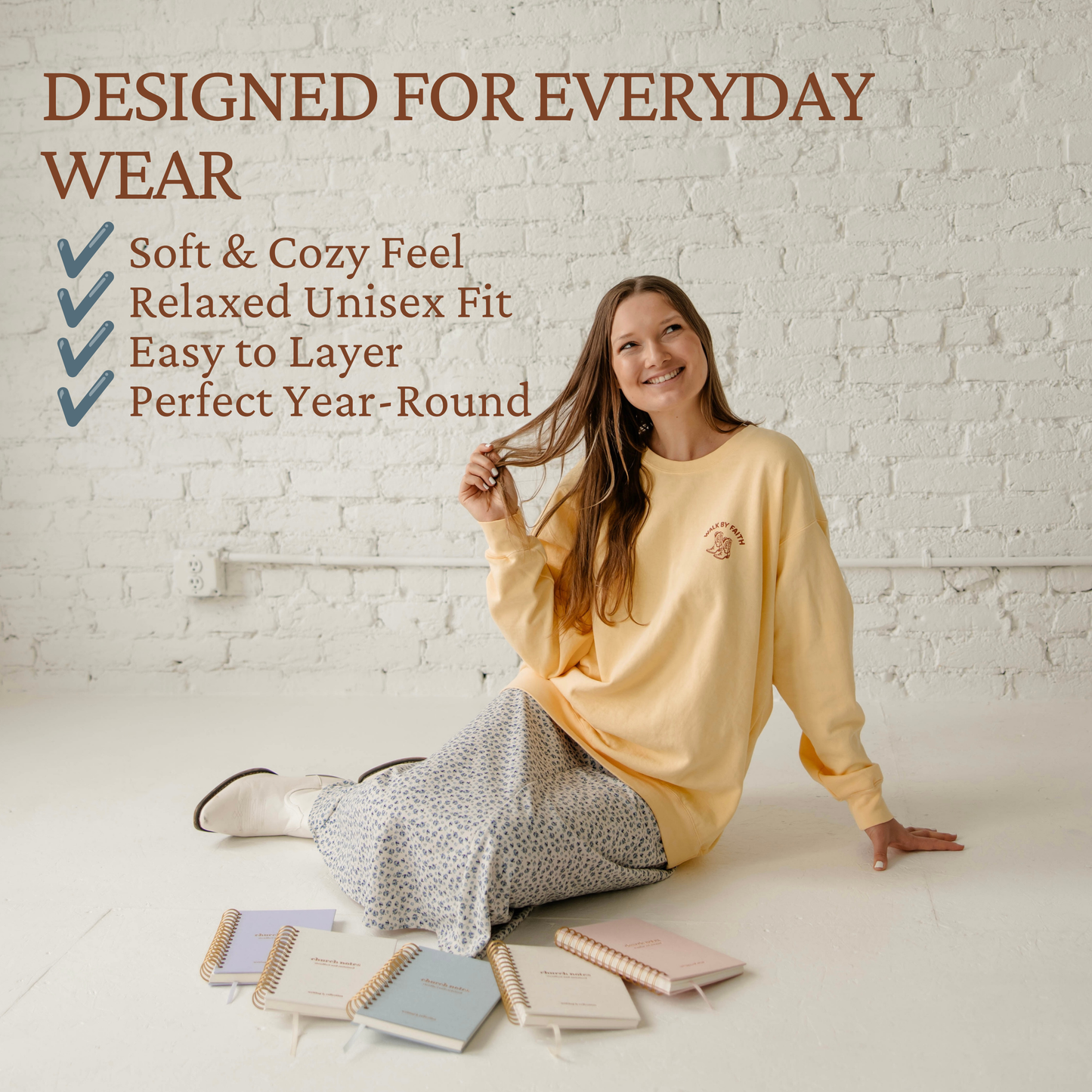 Soft Christian crewneck sweatshirt for women featuring a relaxed unisex fit, cozy feel, easy layering, and year-round comfort by Steadfast & Sustained.