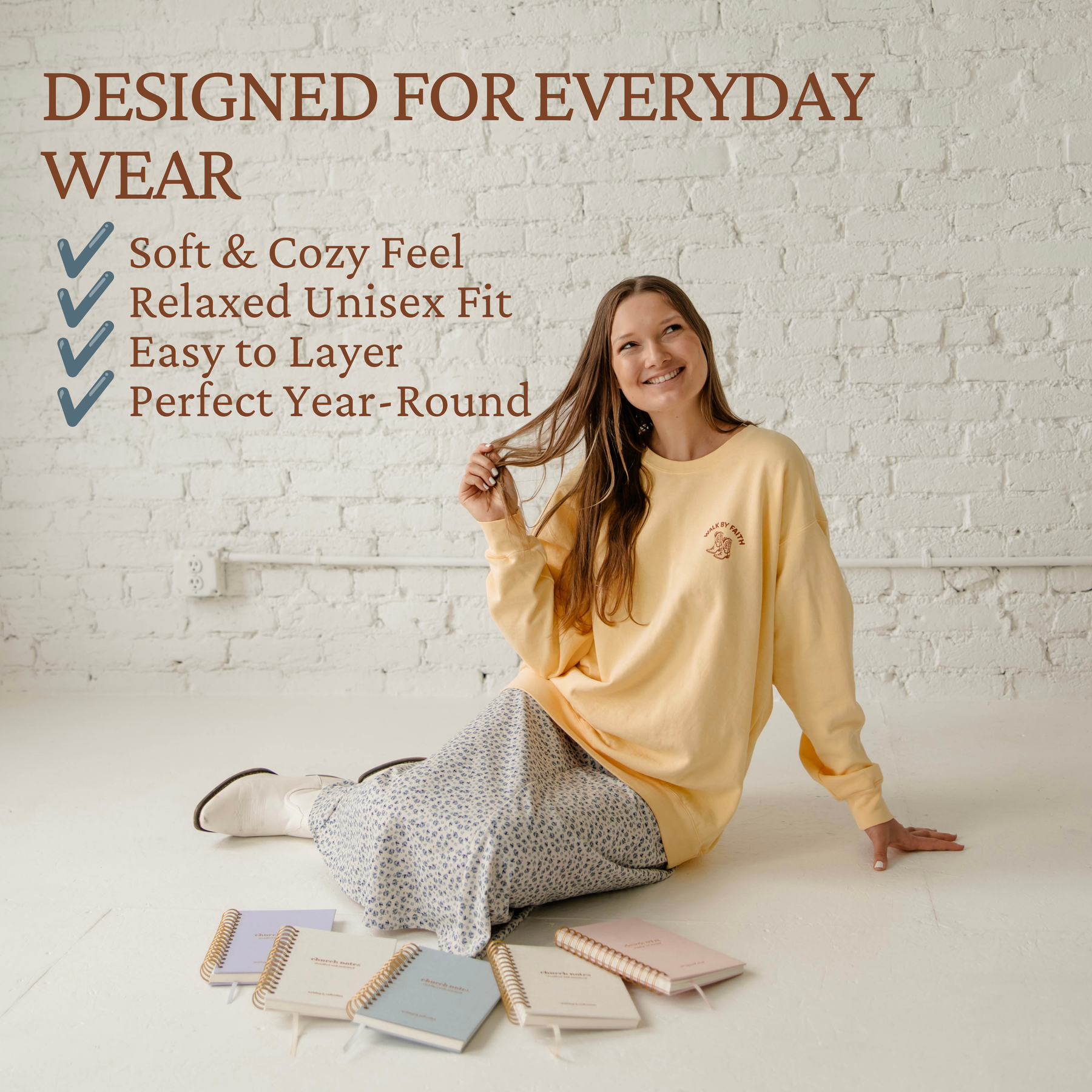 Soft Christian crewneck sweatshirt for women featuring a relaxed unisex fit, cozy feel, easy layering, and year-round comfort by Steadfast & Sustained.