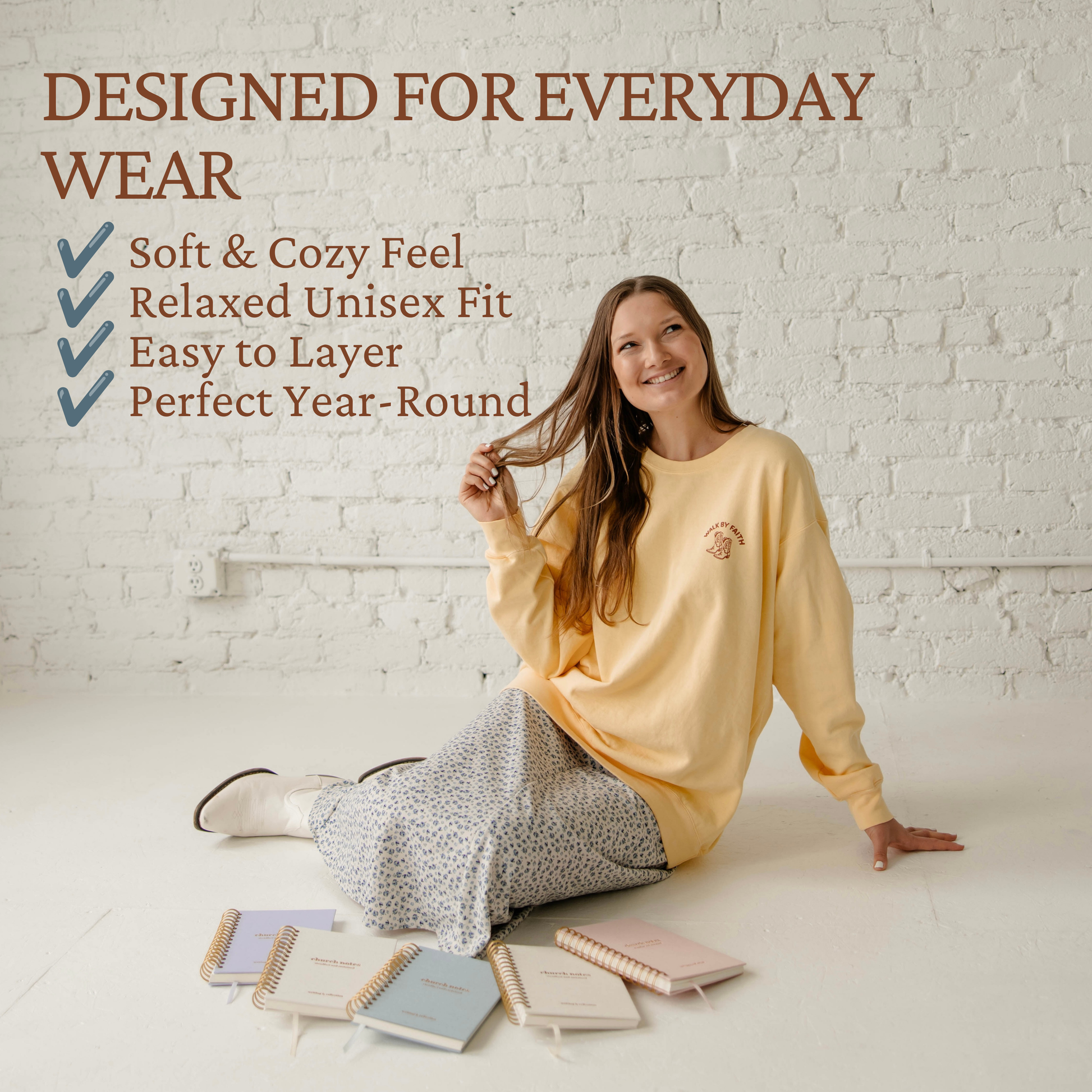 Soft Christian crewneck sweatshirt for women featuring a relaxed unisex fit, cozy feel, easy layering, and year-round comfort by Steadfast & Sustained.