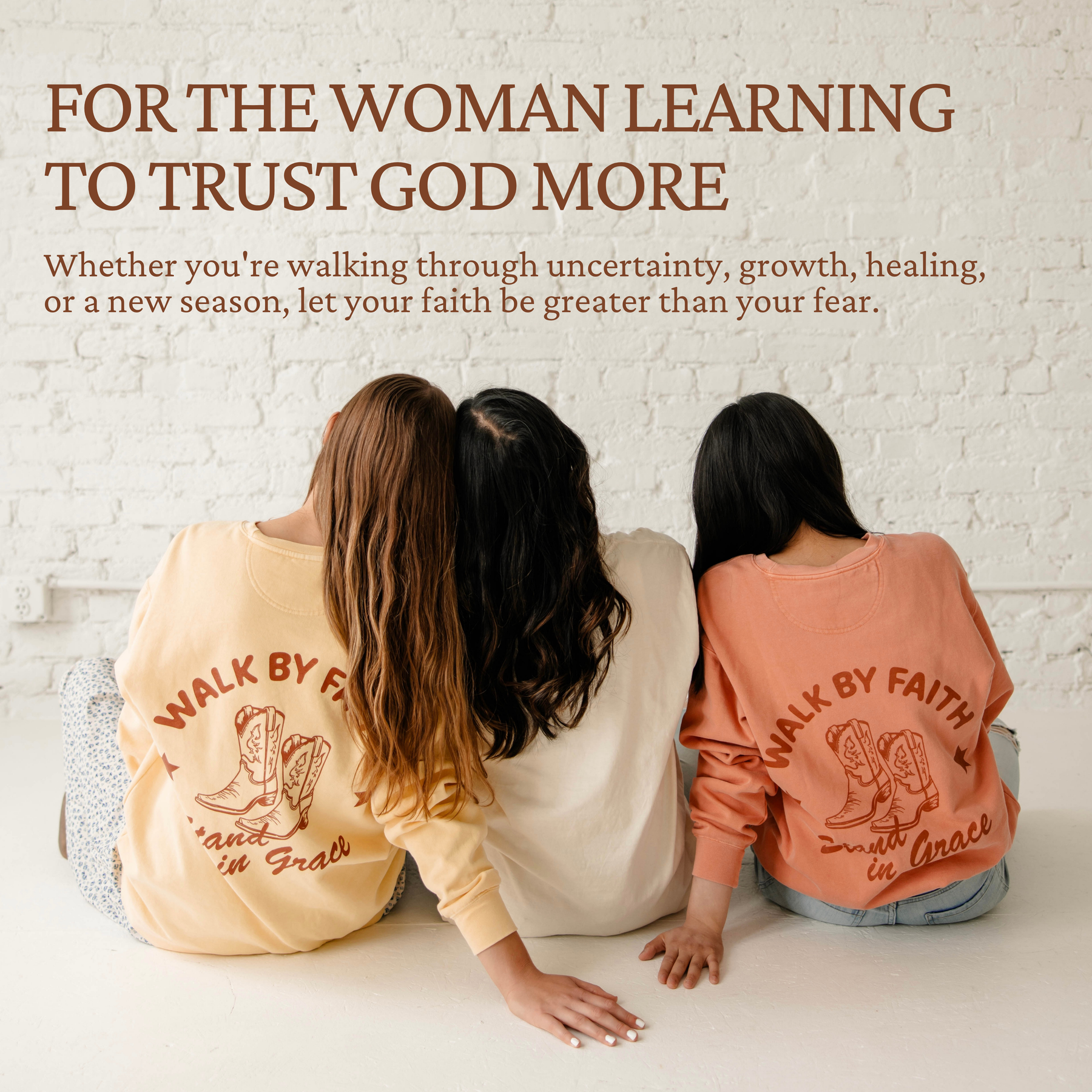 Christian women's crewneck sweatshirt with Walk By Faith Stand In Grace design encouraging women to trust God through uncertainty, growth, healing, and new seasons.