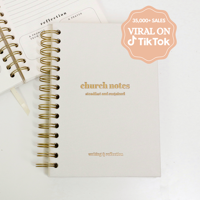Spiral-bound Church Notes Journal with guided sections for key points, scripture, notes, and reflection