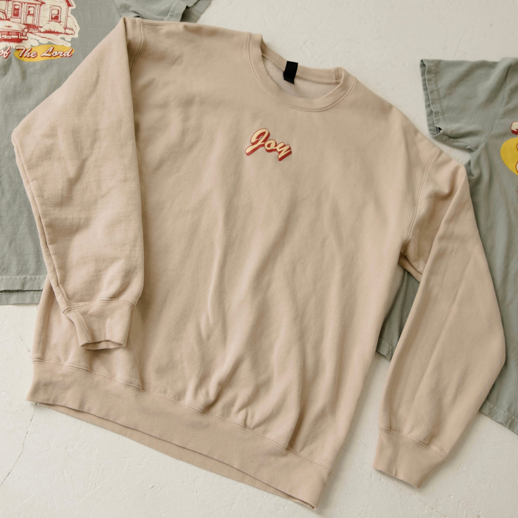 Christian crewneck sweatshirt with There Is Joy design in soft tones
