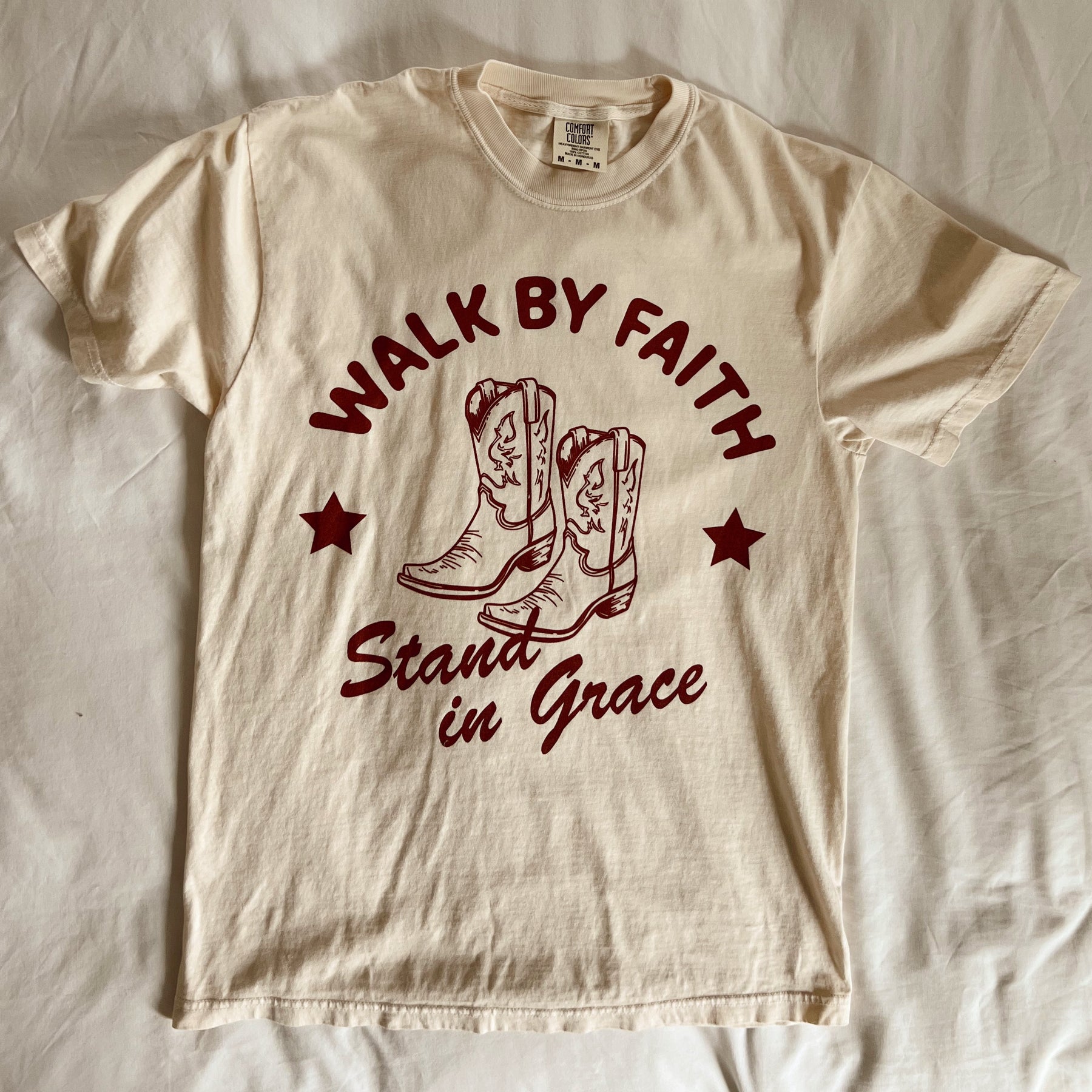 Walk by Faith, Stand in Grace t-shirt with western-inspired design