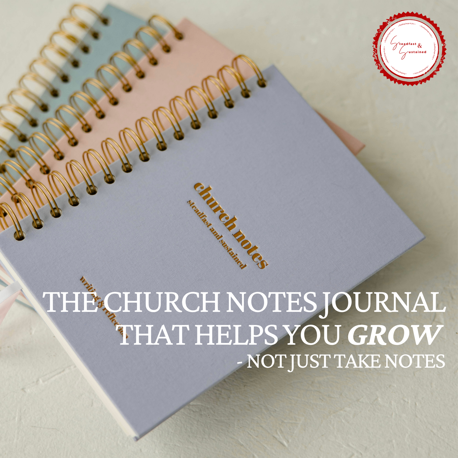 Two spiral-bound notebooks with 'church notes' branding on a light background and text saying, the church notes journal that helps you grow- not just take notes