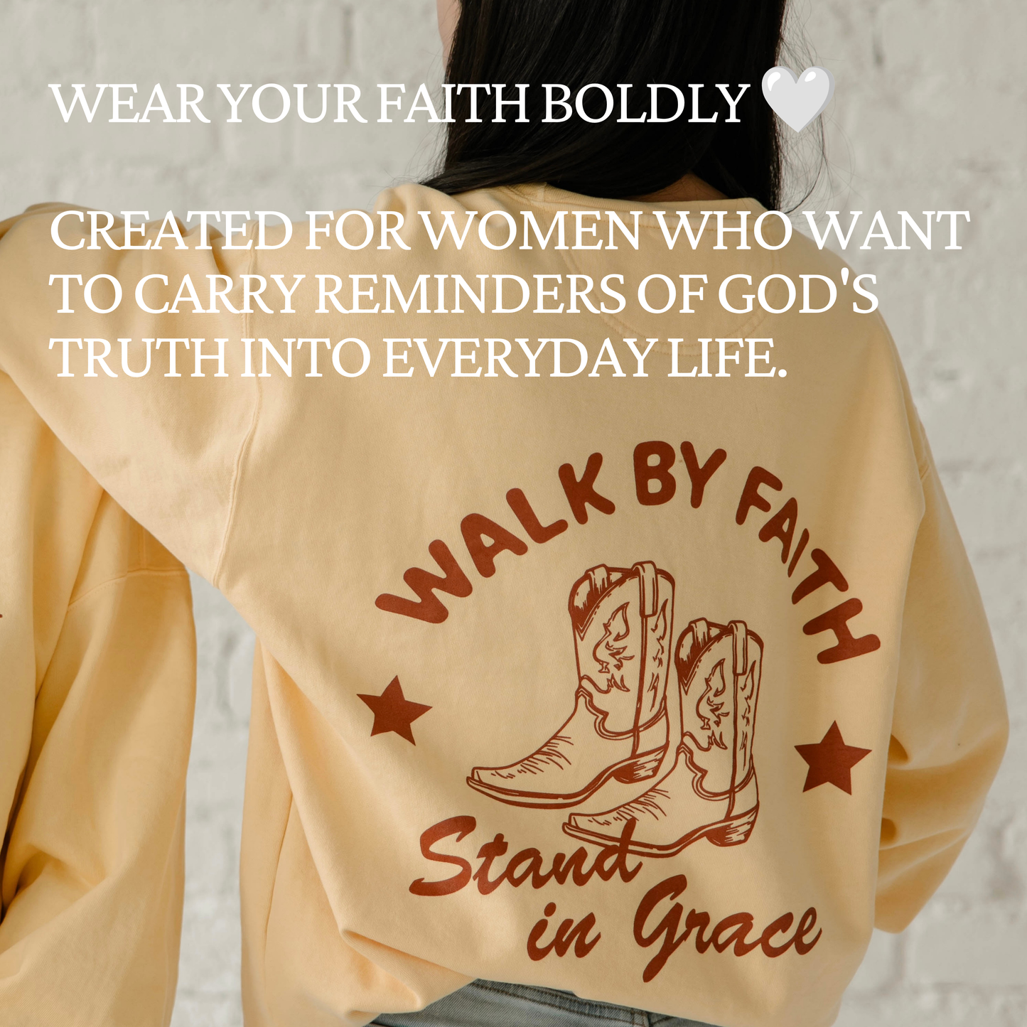 Woman wearing Walk By Faith Stand In Grace Christian apparel designed to encourage faith, trust in God, and biblical encouragement in everyday life.