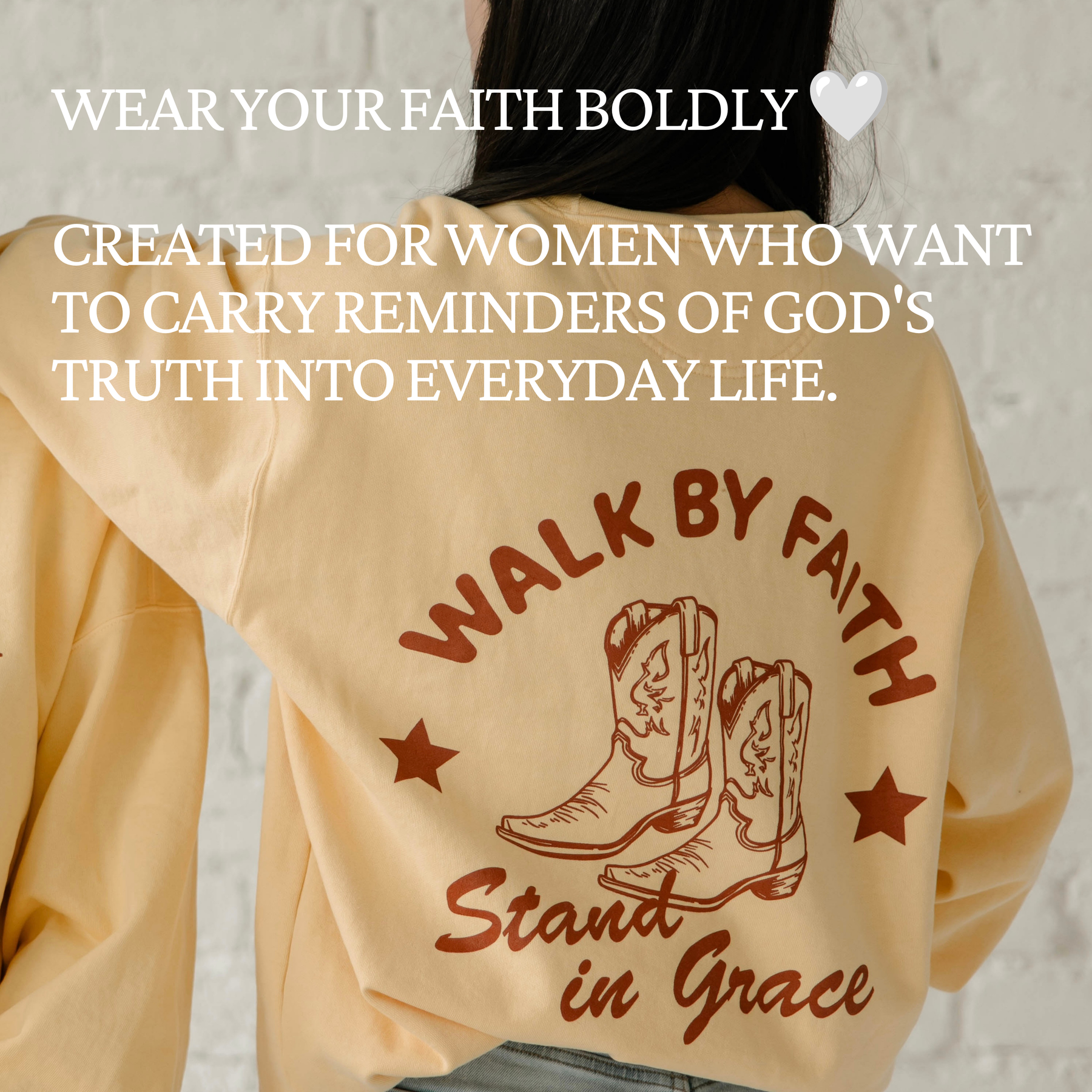 Woman wearing Walk By Faith Stand In Grace Christian apparel designed to encourage faith, trust in God, and biblical encouragement in everyday life.