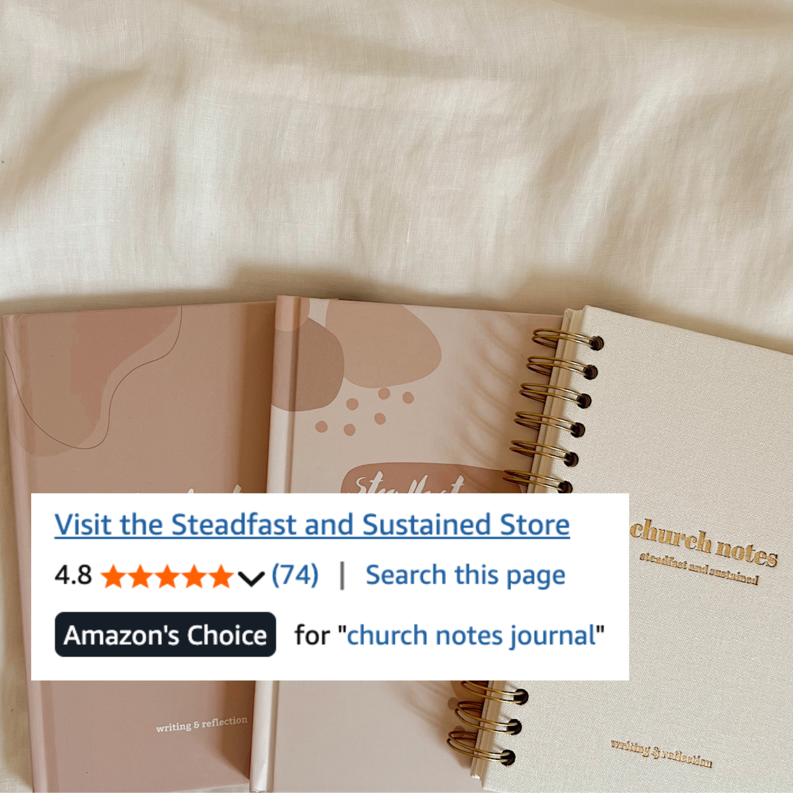 Church notes journals with Amazon’s Choice badge and 4.8 star rating, showing spiral and hardcover designs