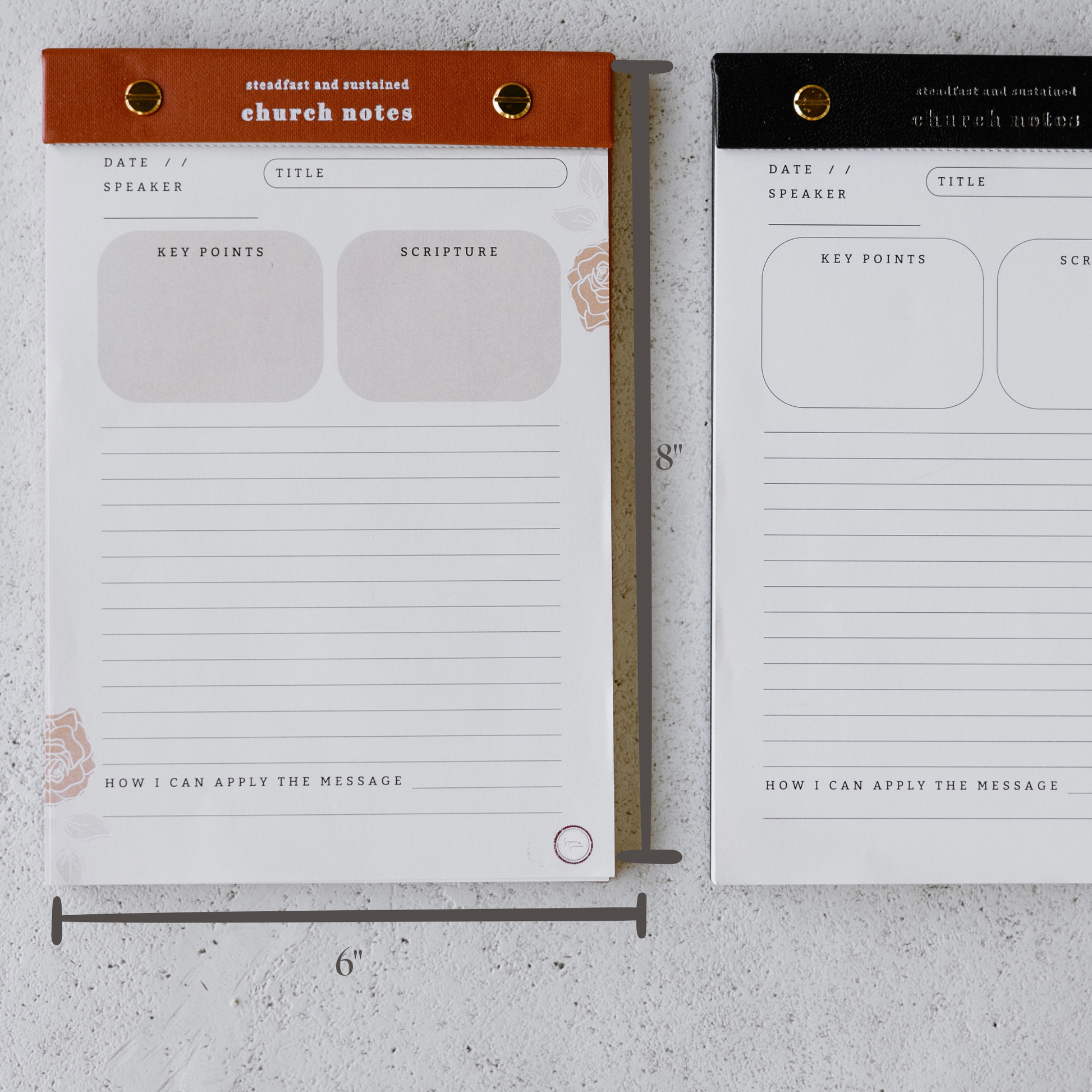 Church Notes Notepad size comparison — 6 x 8 inch tear-off pad